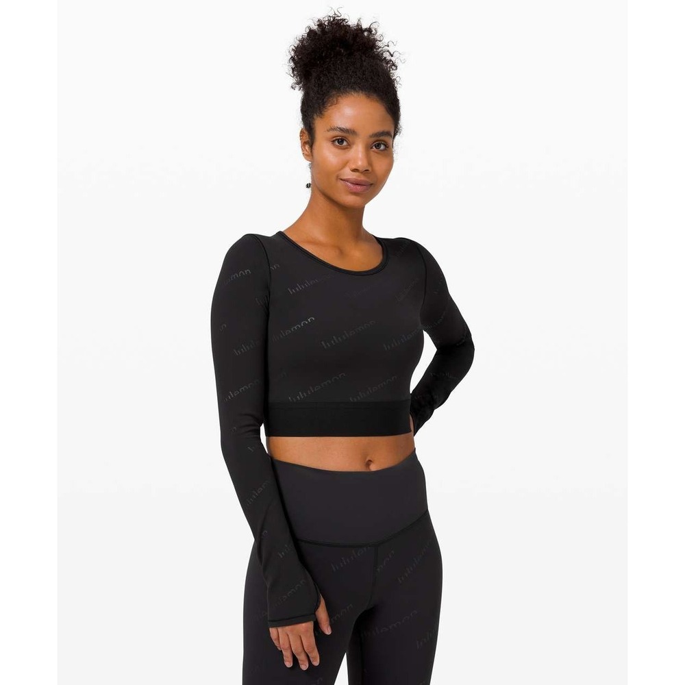 Lululemon Athletic Top Womens Logo Print Crop 8 Black Long Sleeve Workout